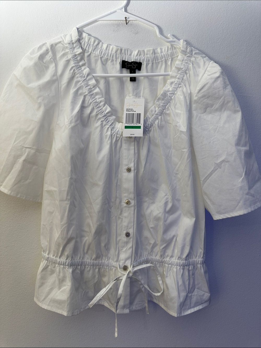 Jessica Simpson White Ruffle V-Neck Button-Front Drawstring Top - Picture 2 of 5